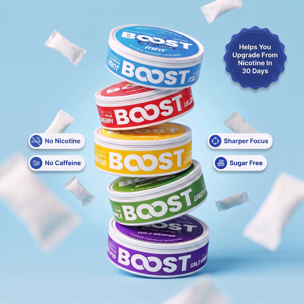 A stack of six Boost Nicotine pouches in different flavors (White, Cherry, Lemon, Green, Gold Cropper, Grapefruit) arranged in a tower on a light blue background with floating pouches and promotional text badges.